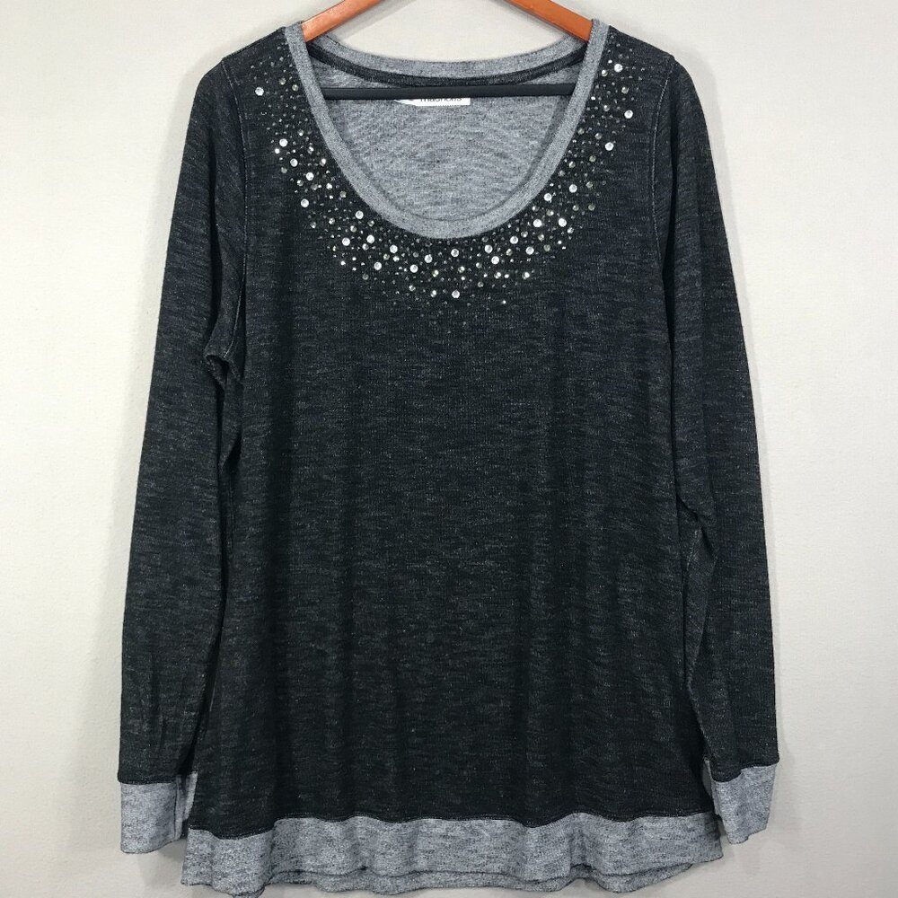 Maurices Charcoal Layered-Look Long Sleeve Tee with Rhinestone Scoop Neck